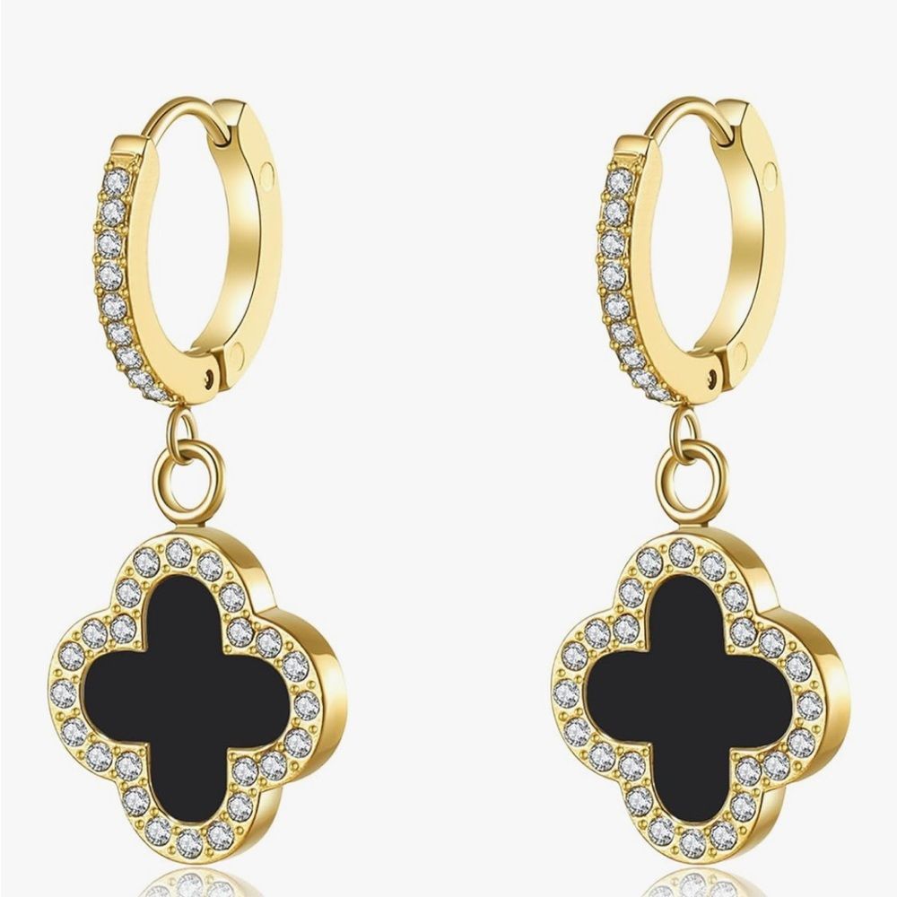 18k Gold Four Leaf Clover Hoop Earrings Black Dainty Enamel Drop Van Cleef Style